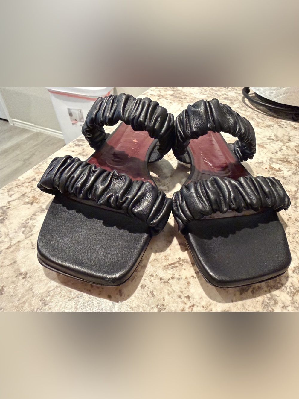 STAUD Black Ruched Double-Strap Slide Sandals with Burgundy Footbed